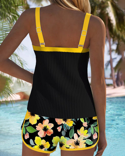 Femme Tankini Deux-Pièces à Bretelles Réglables avec Short Fleuri