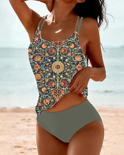Femme Tankini Deux Pièces à Imprimé Floral avec Col Rond et Taille Haute