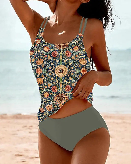 Femme Tankini Deux Pièces à Imprimé Floral avec Col Rond et Taille Haute