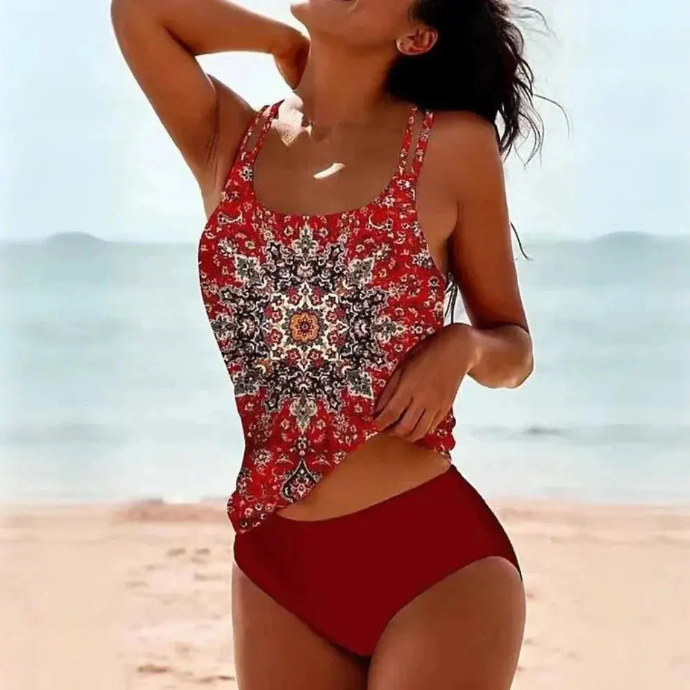 Femme Tankini Deux Pièces à Imprimé Floral avec Col Rond et Taille Haute