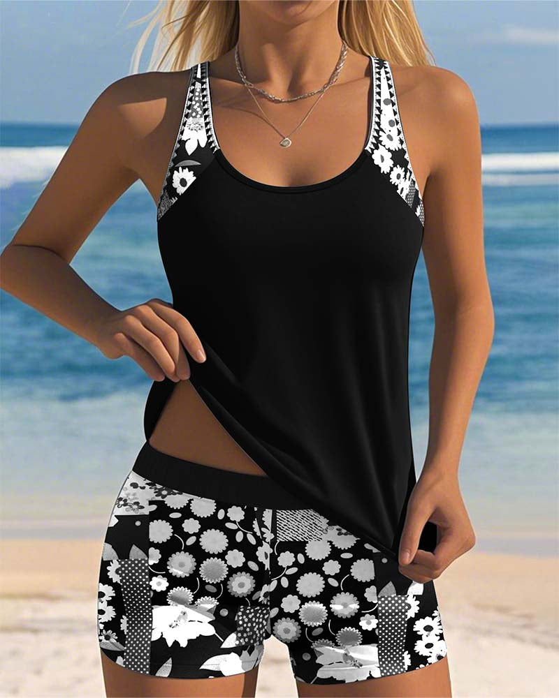 Femme Tankini Deux Pièces à Imprimé Floral avec Short de Bain