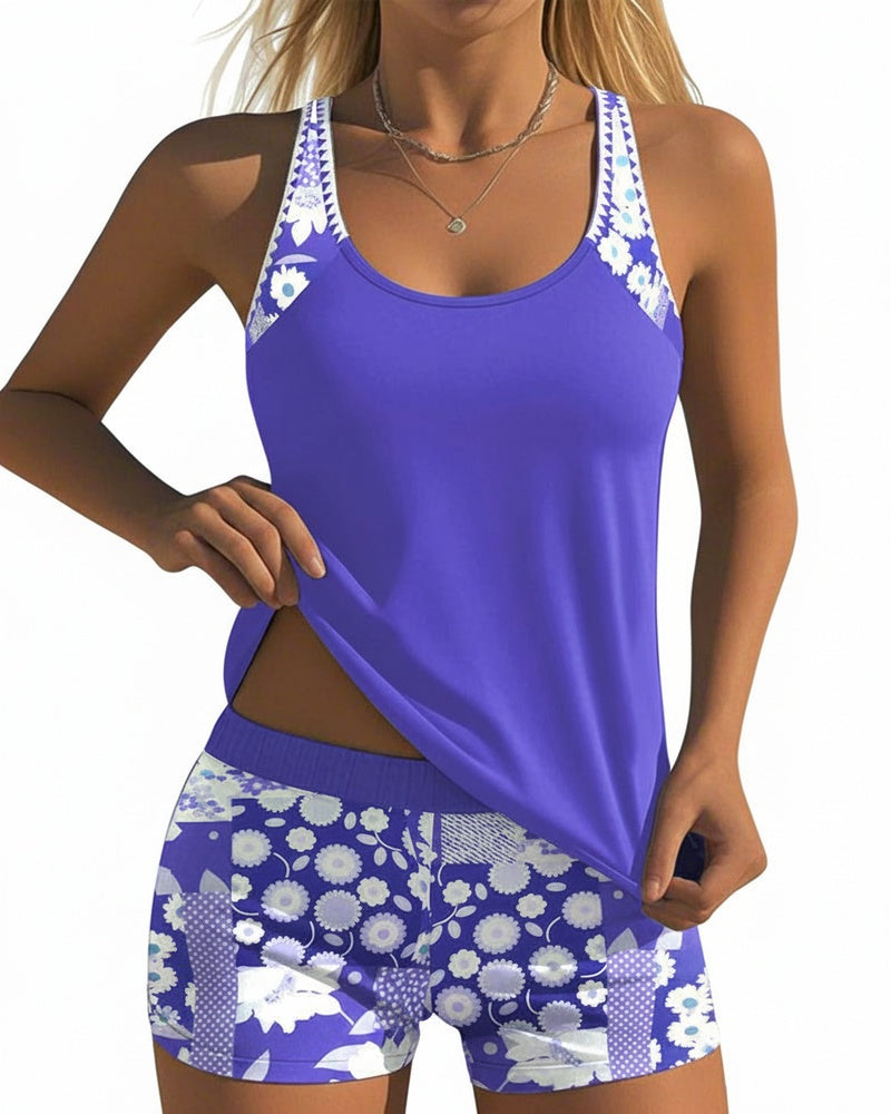 Femme Tankini Set Sans Manches à Imprimé Floral et Col Rond avec Short