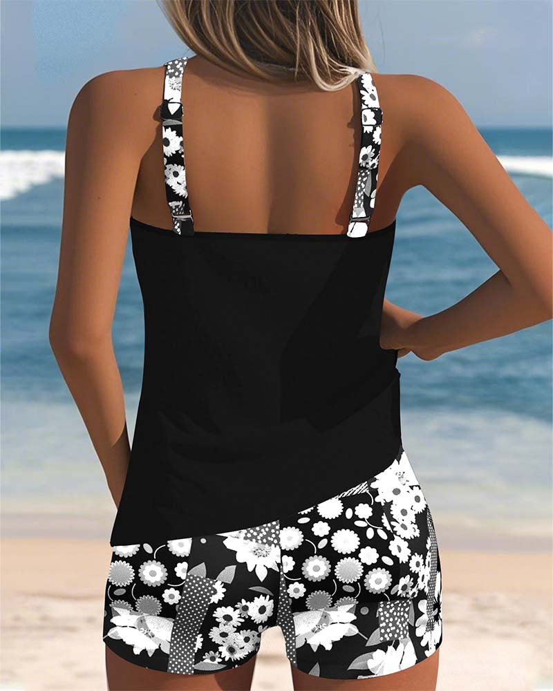 Femme Tankini Set Sans Manches à Imprimé Floral et Col Rond avec Short