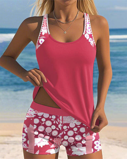 Femme Tankini Set Sans Manches à Imprimé Floral et Col Rond avec Short