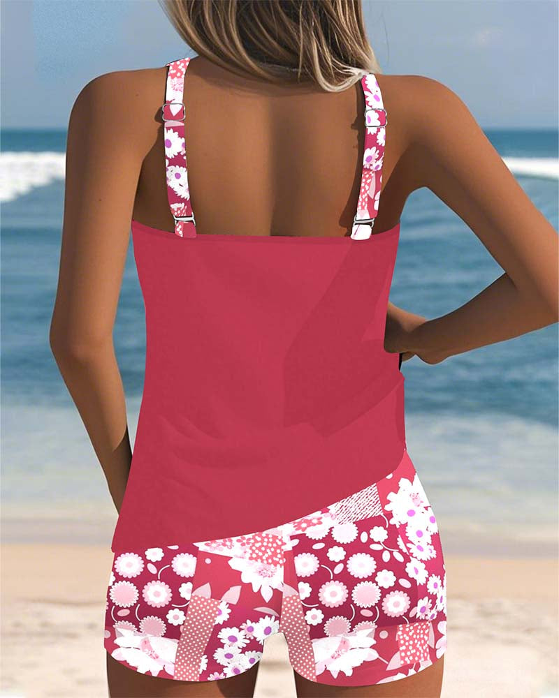 Femme Tankini Set Sans Manches à Imprimé Floral et Col Rond avec Short
