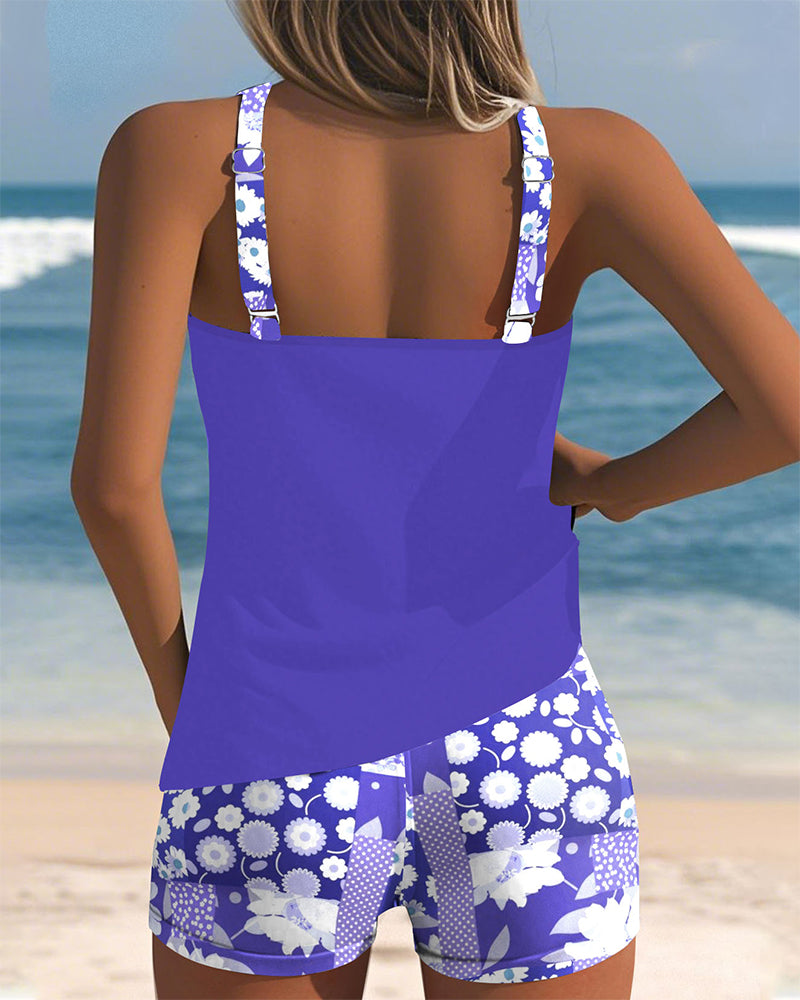 Femme Tankini Set Sans Manches à Imprimé Floral et Col Rond avec Short