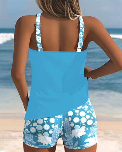 Femme Tankini Set Sans Manches à Imprimé Floral et Col Rond avec Short