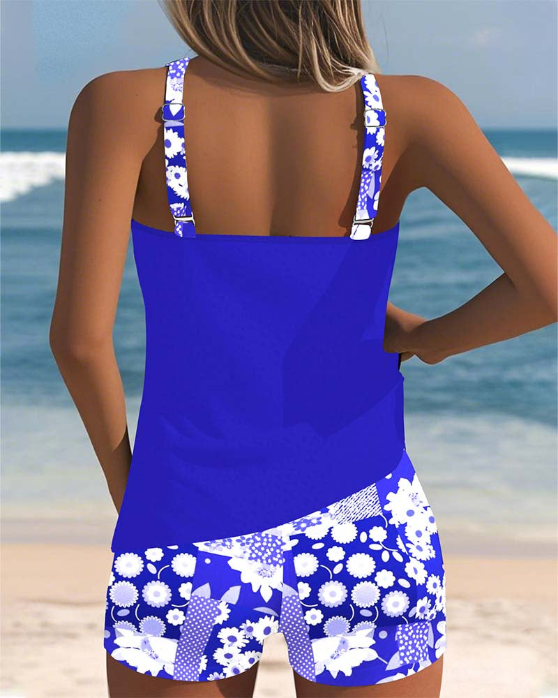 Femme Tankini Set Sans Manches à Imprimé Floral et Col Rond avec Short