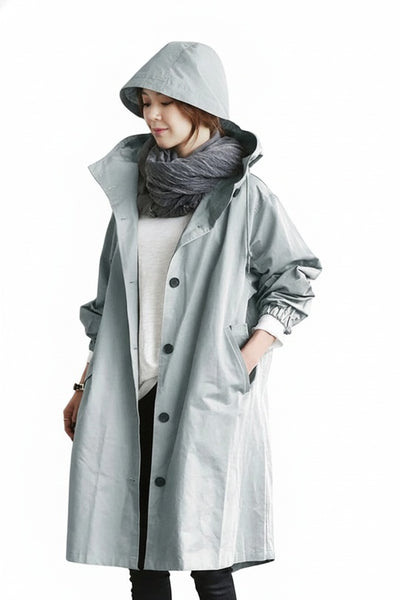 Femme Trench-coat à Capuche Oversize avec Boutons Manches Longues