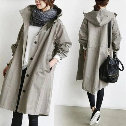 Femme Trench-coat à Capuche Oversize avec Boutons Manches Longues