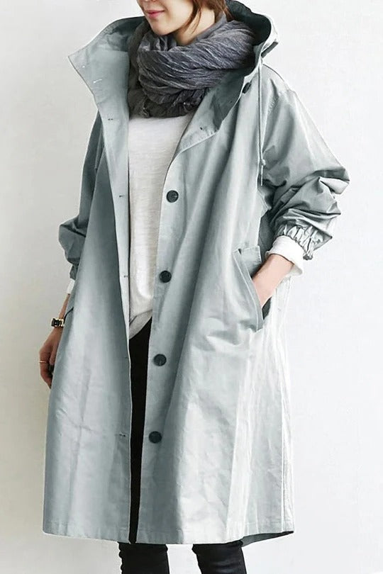 Femme Trench-coat à Capuche Oversize avec Boutons Manches Longues