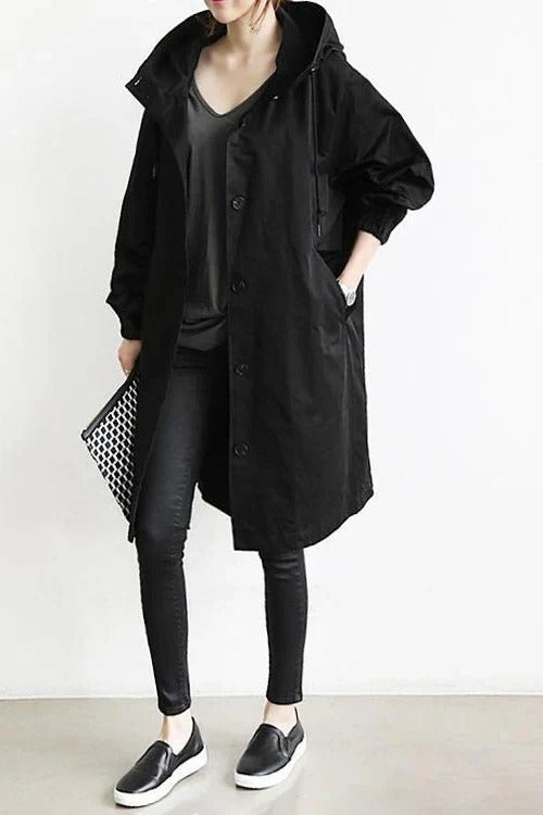 Femme Trench-coat à Capuche Oversize avec Boutons Manches Longues