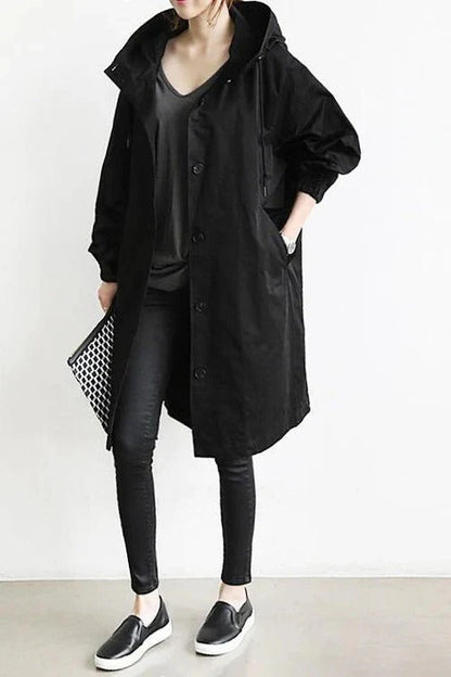 Femme Trench-coat à Capuche Oversize avec Boutons Manches Longues