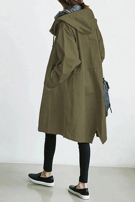 Femme Trench-coat à Capuche Oversize avec Boutons Manches Longues