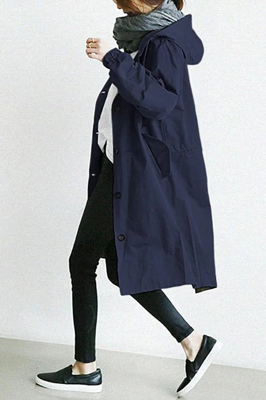 Femme Trench-coat à Capuche Oversize avec Boutons Manches Longues
