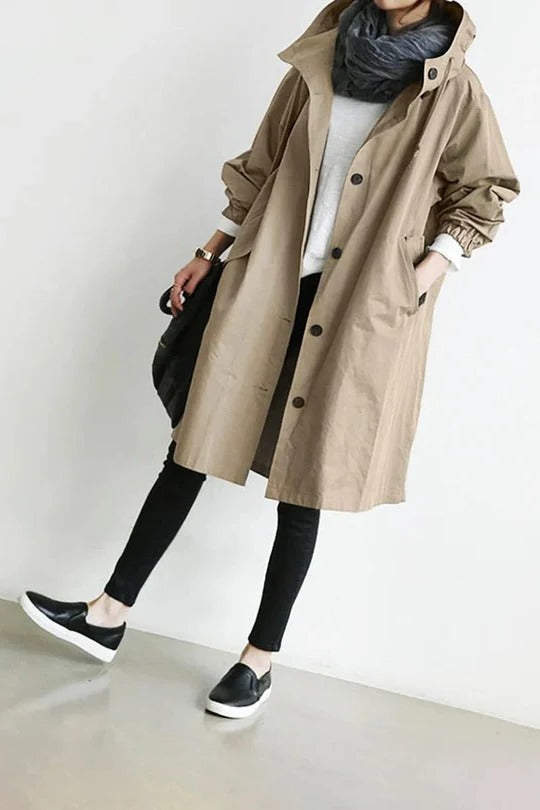 Femme Trench-coat à Capuche Oversize avec Boutons Manches Longues