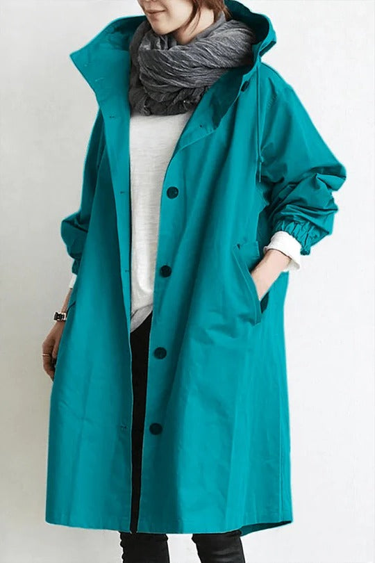 Femme Trench-coat à Capuche Oversize avec Boutons Manches Longues