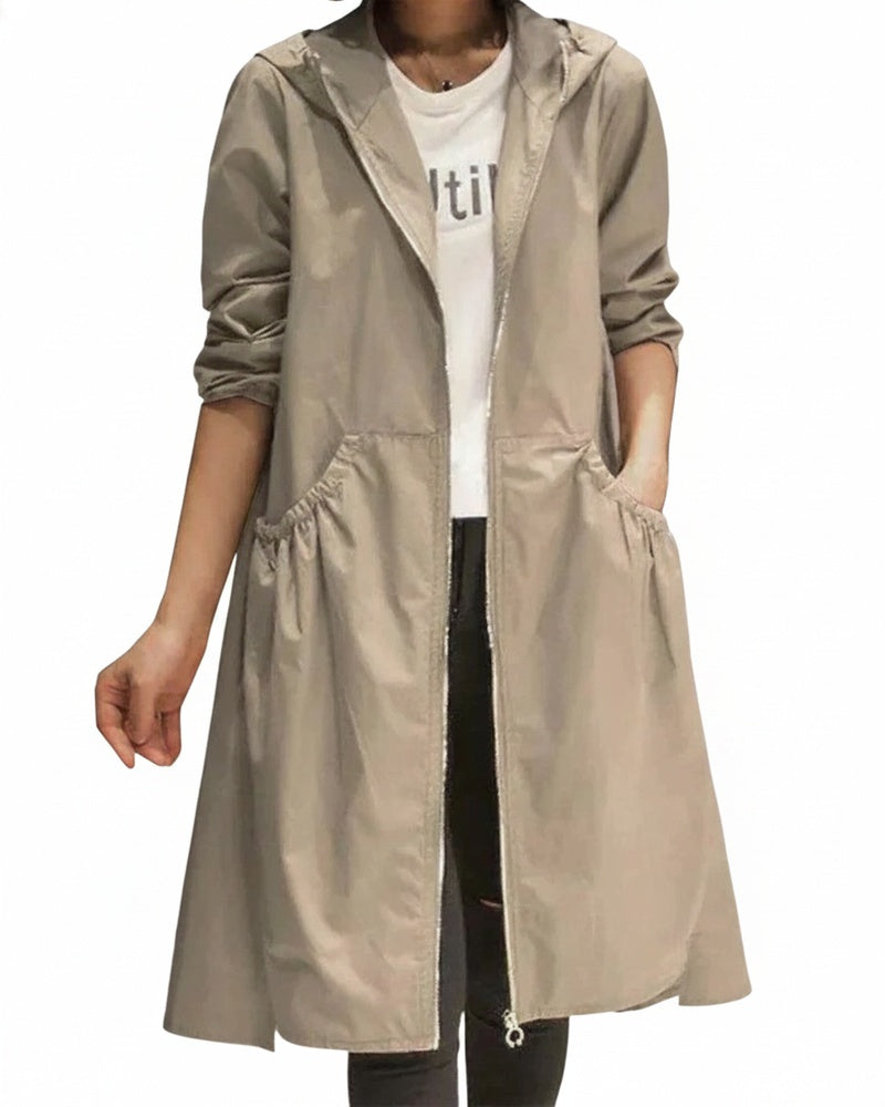 Femme Trench-coat Long à Capuchon avec Fermeture Éclair et Poches