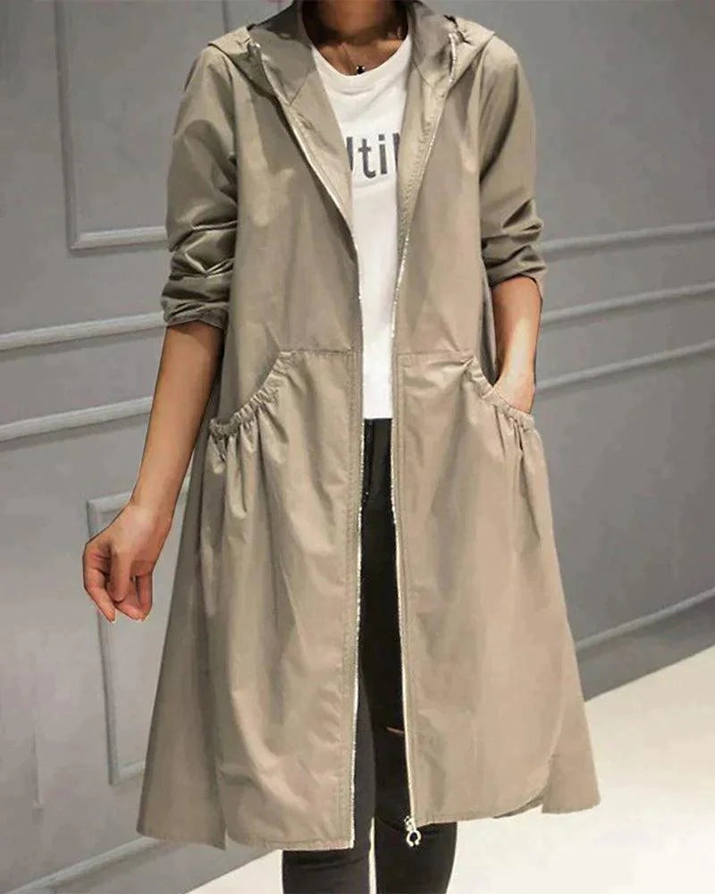 Femme Trench-coat Long à Capuchon avec Fermeture Éclair et Poches