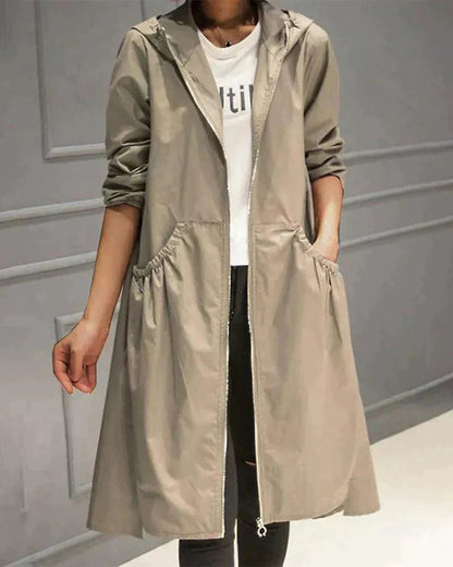 Femme Trench-coat Long à Capuchon avec Fermeture Éclair et Poches