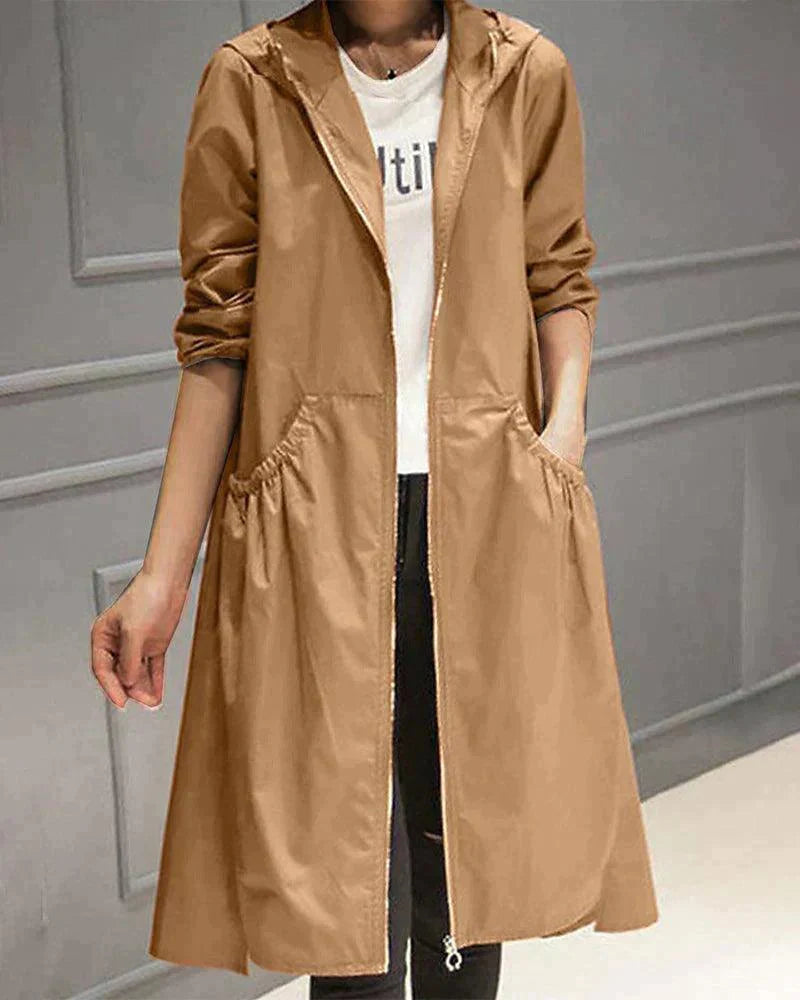 Femme Trench-coat Long à Capuchon avec Fermeture Éclair et Poches