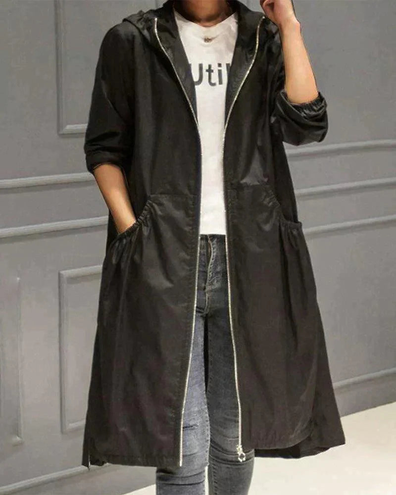 Femme Trench-coat Long à Capuchon avec Fermeture Éclair et Poches