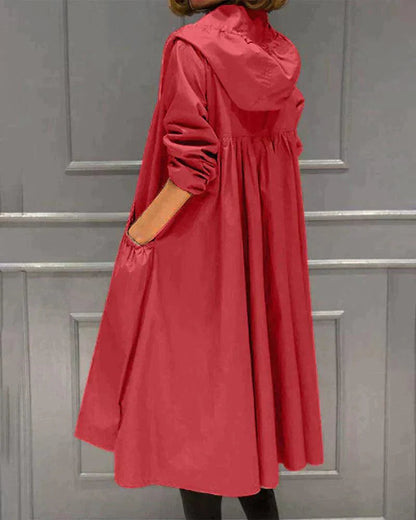 Femme Trench-coat Long à Capuchon avec Fermeture Éclair et Poches