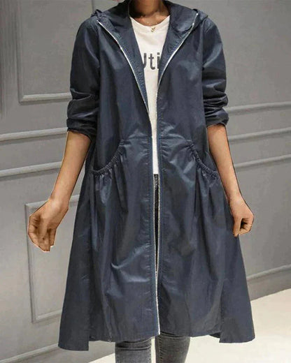 Femme Trench-coat Long à Capuchon avec Fermeture Éclair et Poches