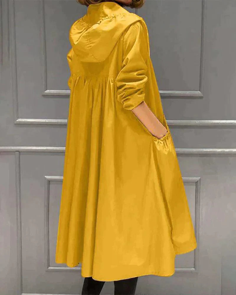 Femme Trench-coat Long à Capuchon avec Fermeture Éclair et Poches