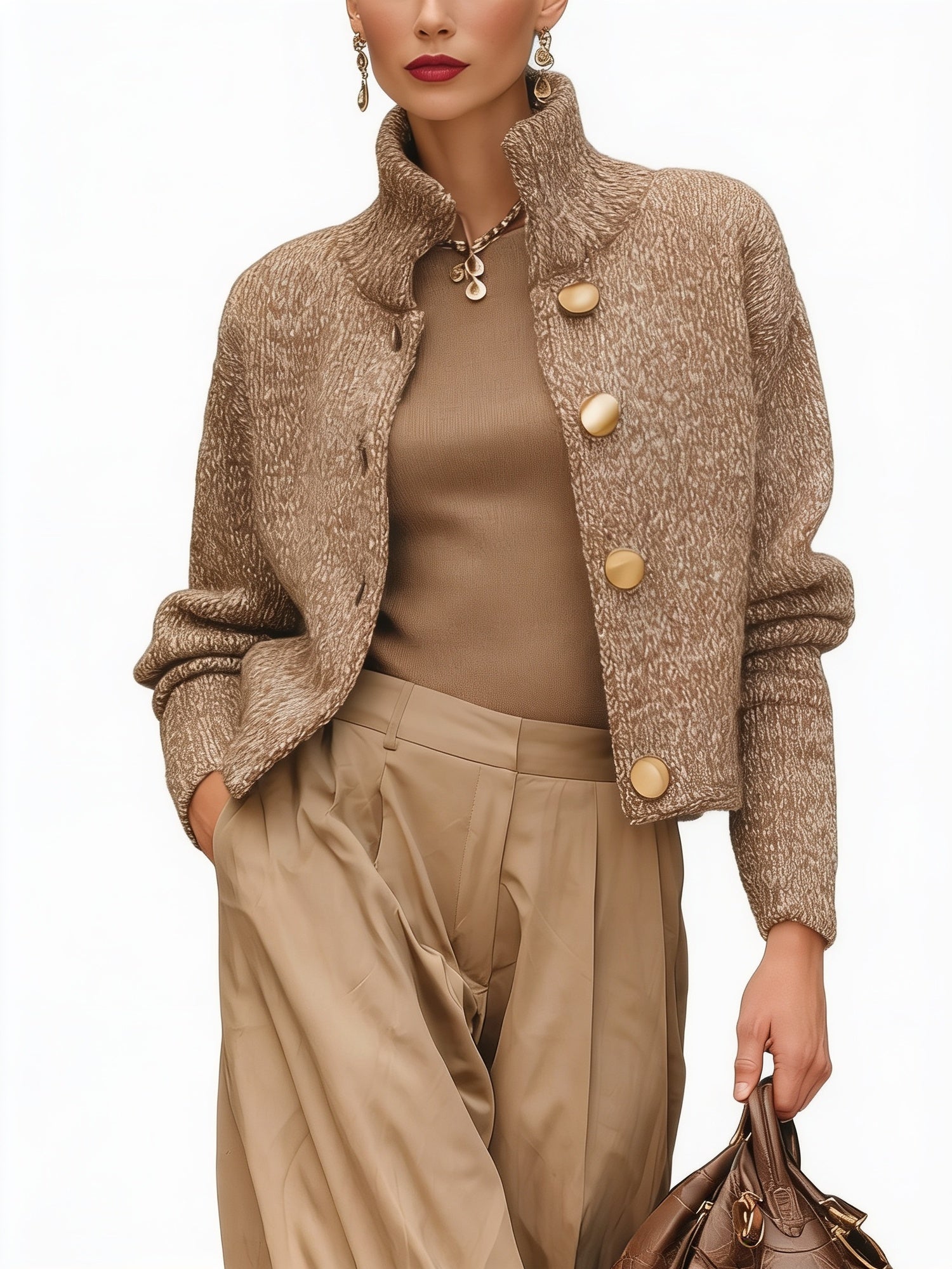 Femme Veste Courte col Montant avec Boutons Dorés