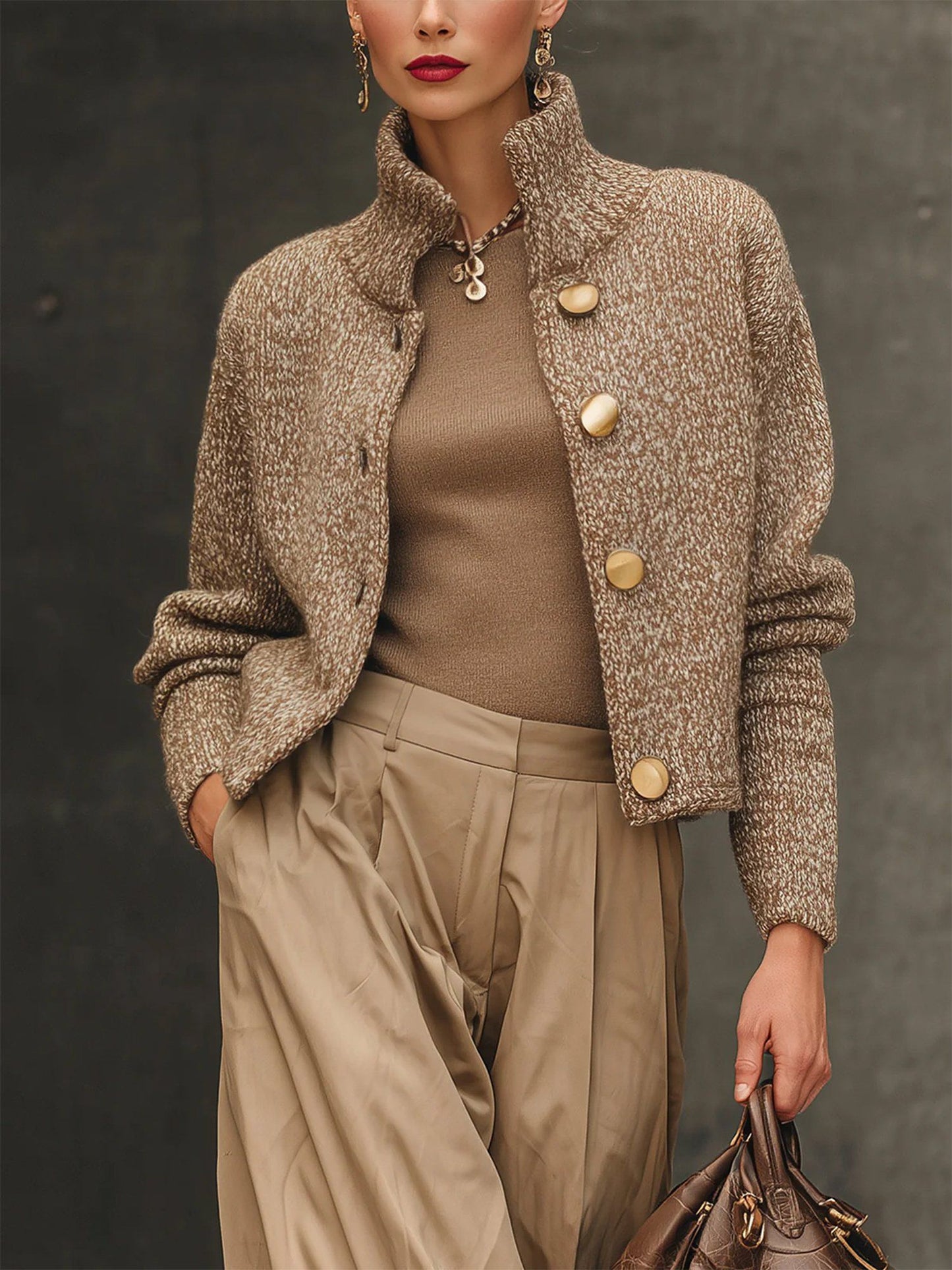Femme Veste Courte col Montant avec Boutons Dorés