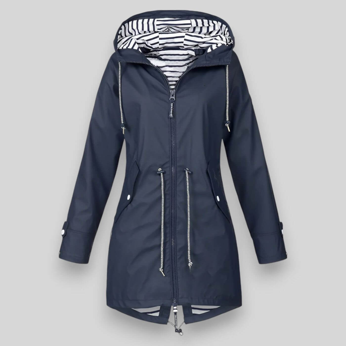 Femme Veste de Pluie Longue avec Capuchon Réglable et Fermeture Éclair