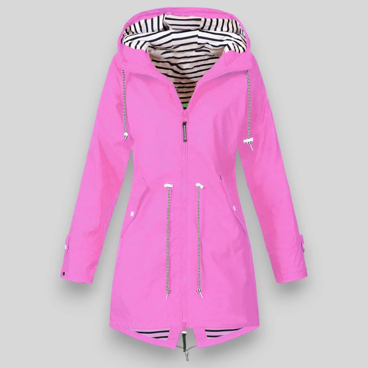 Femme Veste de Pluie Longue avec Capuchon Réglable et Fermeture Éclair