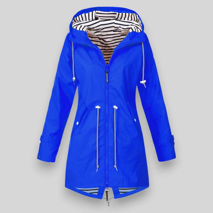 Femme Veste de Pluie Longue avec Capuchon Réglable et Fermeture Éclair