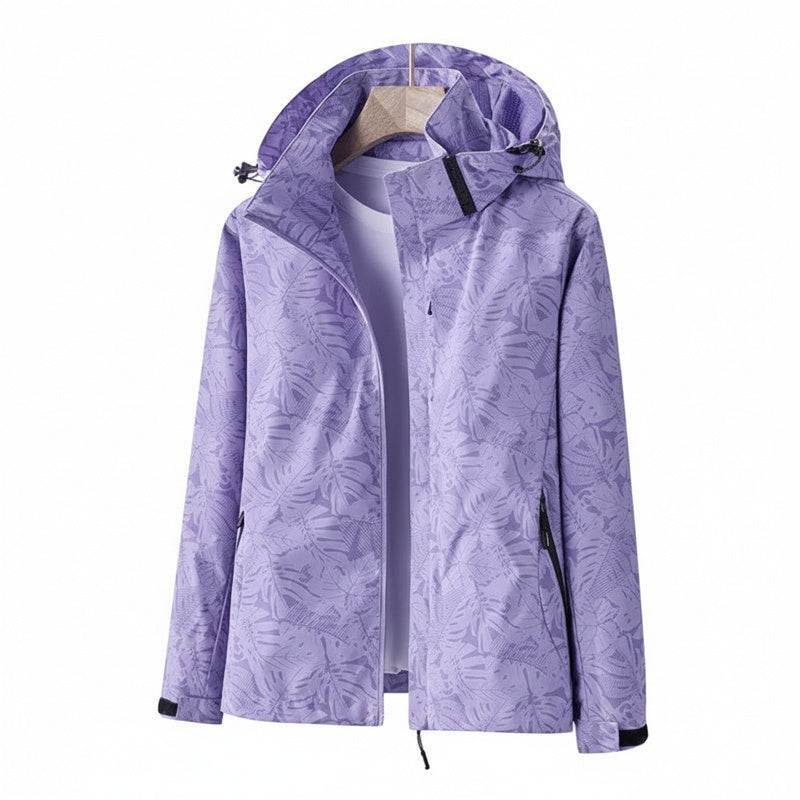 Femme Veste de Randonnée à Capuche avec Imprimé Feuilles et Fermeture Éclair