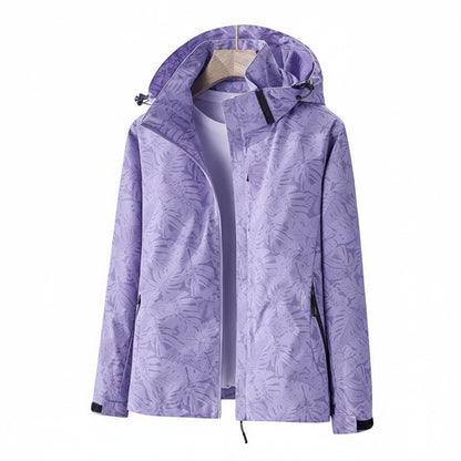 Femme Veste de Randonnée à Capuche avec Imprimé Feuilles et Fermeture Éclair