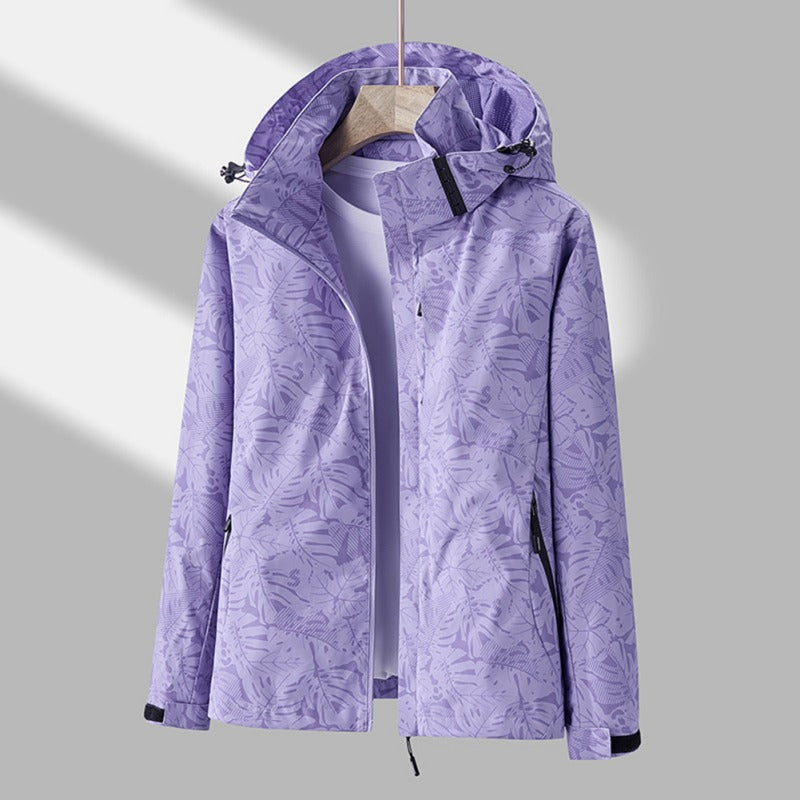 Femme Veste de Randonnée à Capuche avec Imprimé Feuilles et Fermeture Éclair