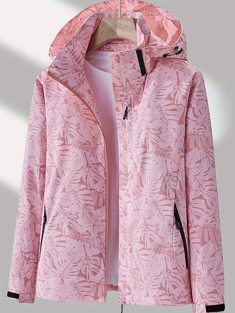 Femme Veste de Randonnée à Capuche avec Imprimé Feuilles et Fermeture Éclair