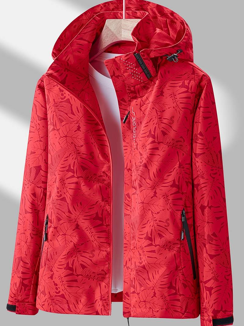 Femme Veste de Randonnée à Capuche avec Imprimé Feuilles et Fermeture Éclair