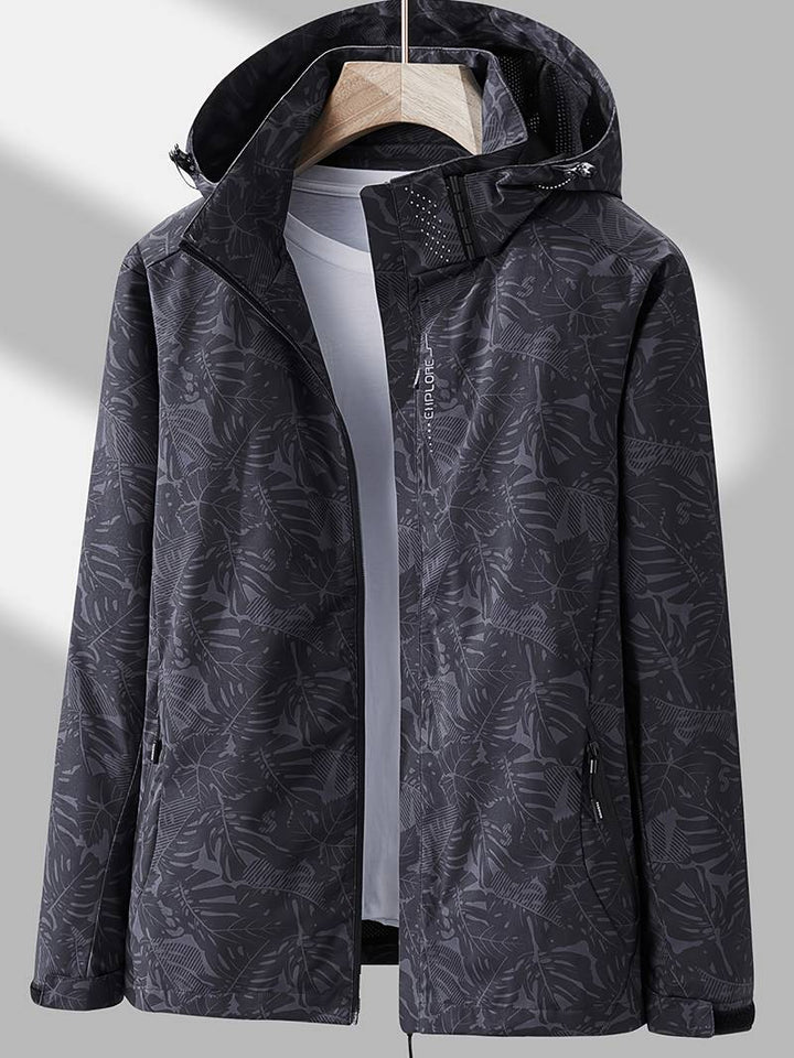 Femme Veste de Randonnée à Capuche avec Imprimé Feuilles et Fermeture Éclair