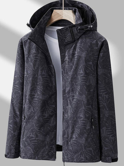 Femme Veste de Randonnée à Capuche avec Imprimé Feuilles et Fermeture Éclair