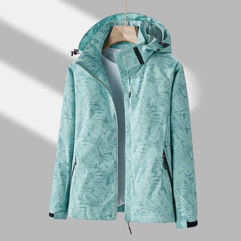 Femme Veste de Randonnée à Capuche avec Imprimé Feuilles et Fermeture Éclair