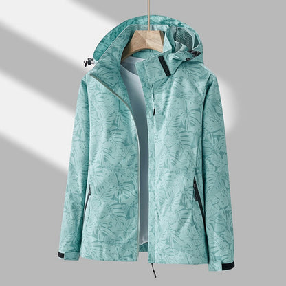 Femme Veste de Randonnée à Capuche avec Imprimé Feuilles et Fermeture Éclair