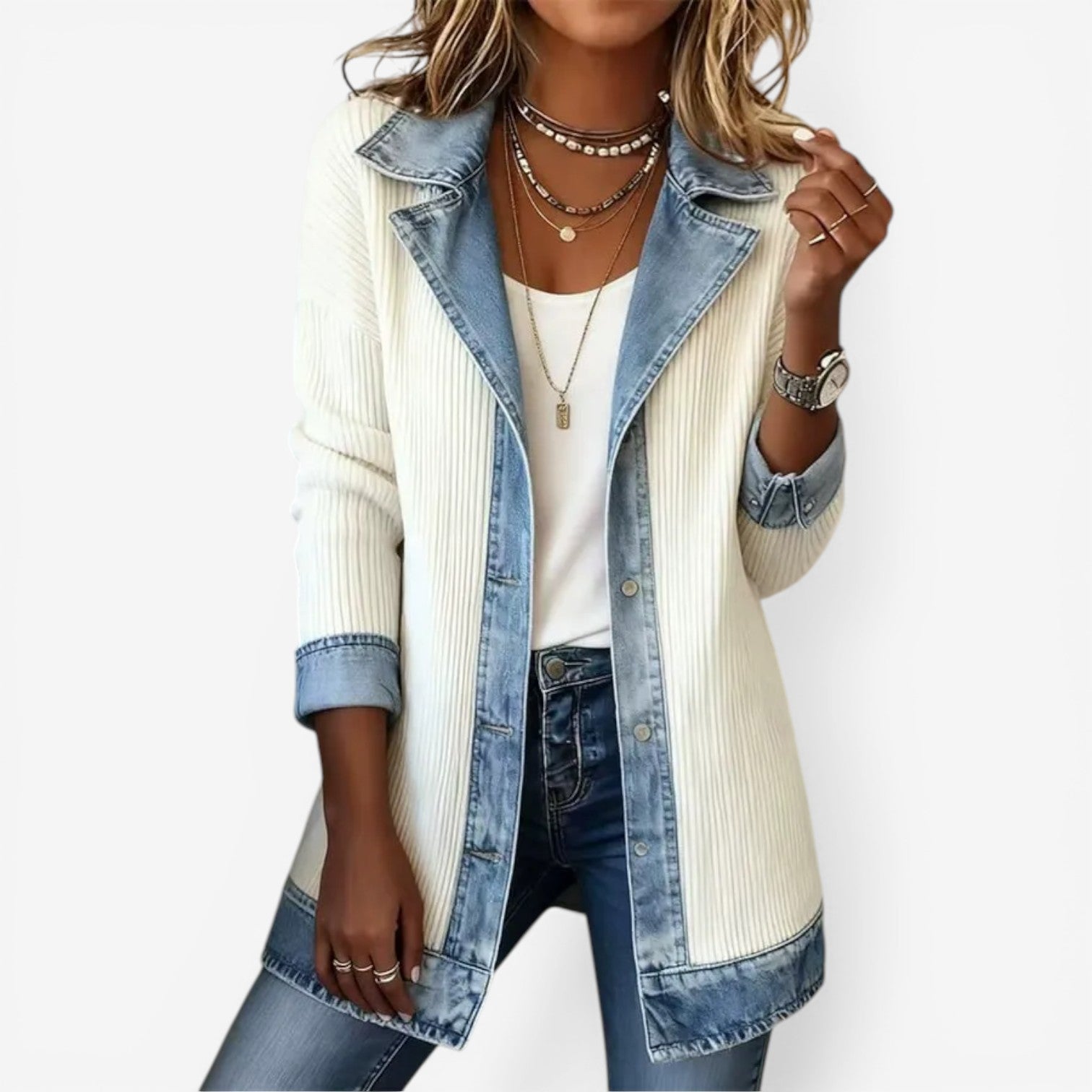 Femme Veste Jean Hybride Manches Longues avec Col à Revers et Boutons