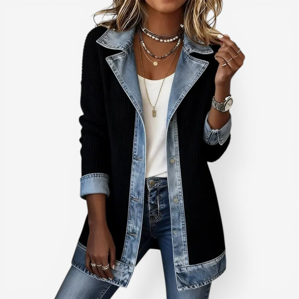 Femme Veste Jean Hybride Manches Longues avec Col à Revers et Boutons