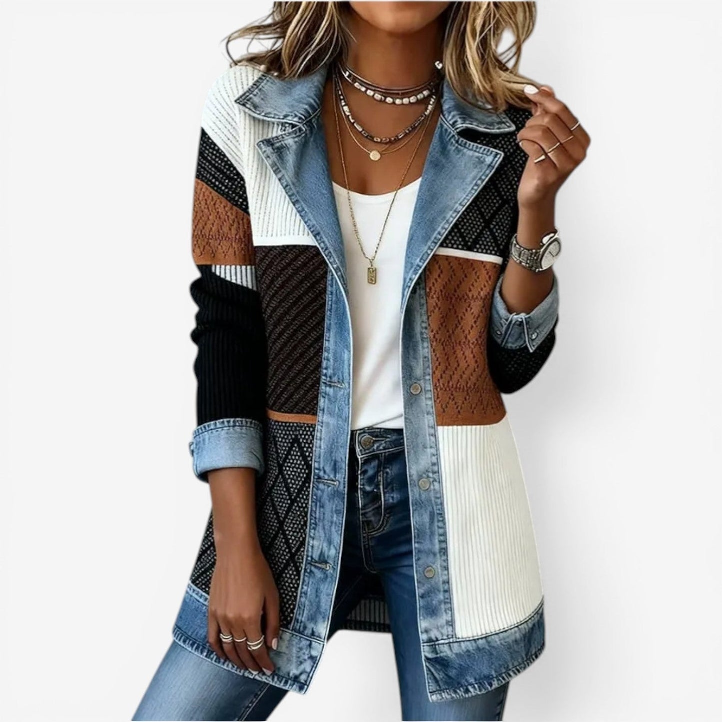 Femme Veste Jean Hybride Manches Longues avec Col à Revers et Boutons