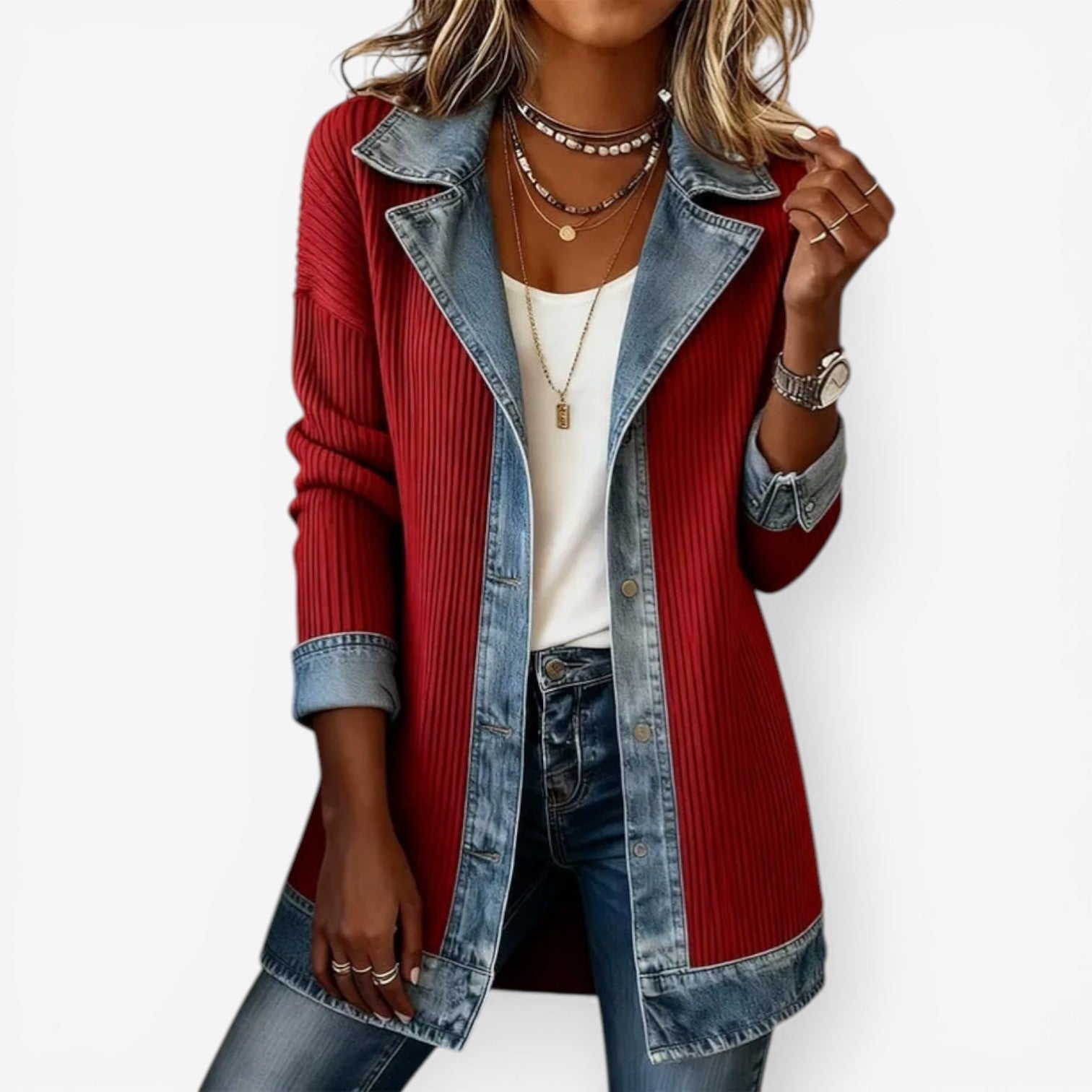 Femme Veste Jean Hybride Manches Longues avec Col à Revers et Boutons