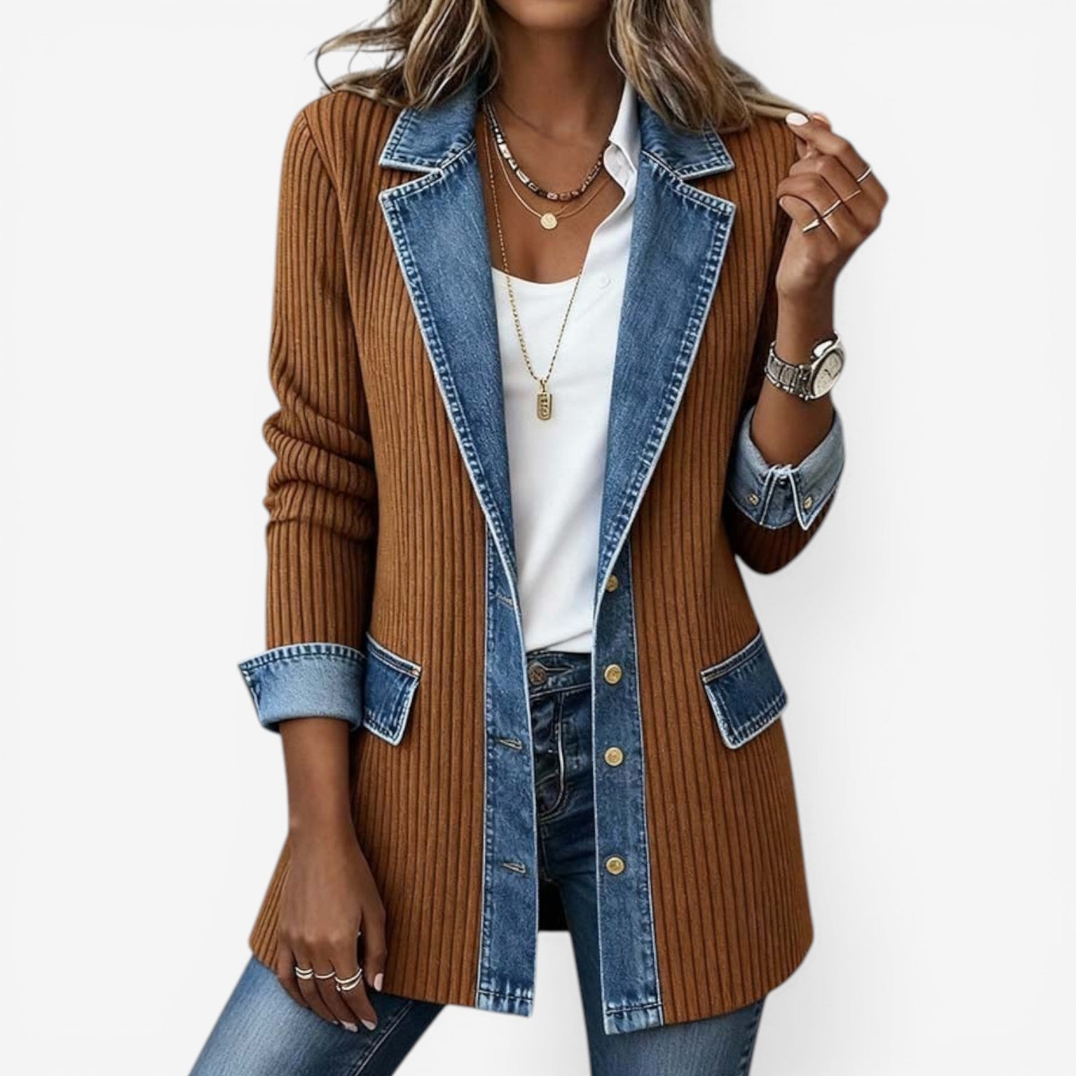 Femme Veste Jean Hybride Manches Longues avec Col à Revers et Boutons