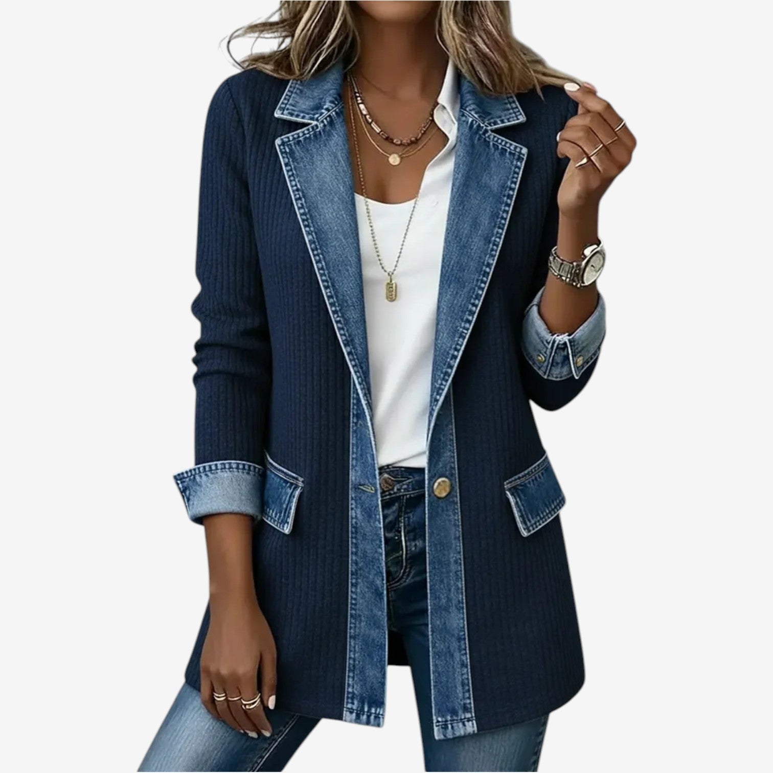 Femme Veste Jean Hybride Manches Longues avec Col à Revers et Boutons