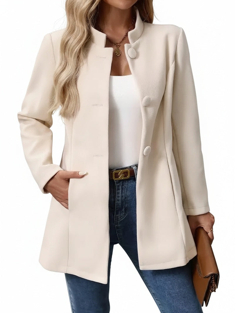 Femme Veste mi-longue à Col Montant et Boutons Apparents